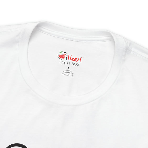 A white iHeartFruitBox Fitted Unisex T-Shirt with a Tropical Fruit logo on it from Printify.