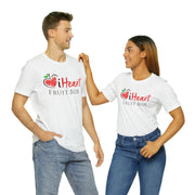 A man and woman standing next to each other wearing a white t-shirt that says Printify Organically Grown.