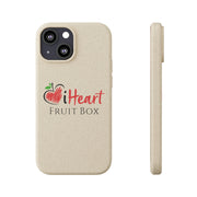 A beige phone case with the words iHeartFruitBox Biodegradable Phone Cases by Printify on it.