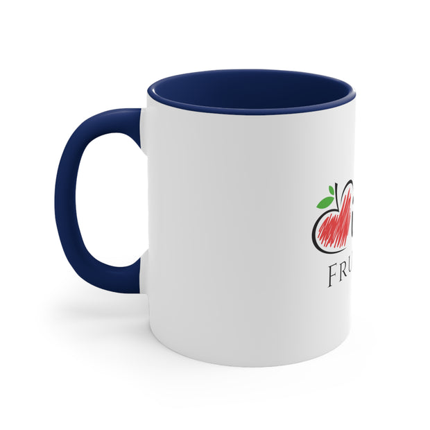 A blue and white iHeartFruitBox Coffee Mug, 11oz with the word fruity on it, featuring tropical fruit motifs.