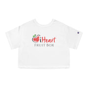 A white iHeartFruitBox Women's CropTop with the words "Printify" and a tropical fruit design.