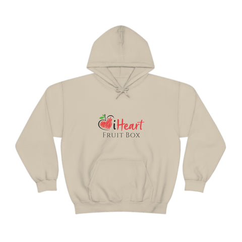 A beige iHeartFruitBox Unisex Heavy Blend™ Hoodie with the word heart on it, perfect for fans of Printify.