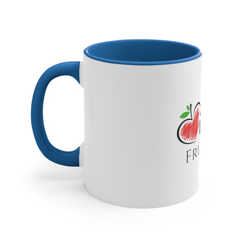 A blue and white iHeartFruitBox Coffee Mug, 11oz with the word fruity on it, featuring tropical fruit design.