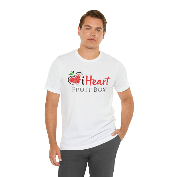 A man wearing a white iHeartFruitBox Fitted Unisex T-Shirt by Printify.