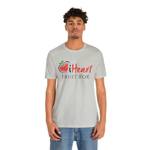 A man wearing a iHeartFruitBox Fitted Unisex T-Shirt by Printify, showcasing his love for organically grown tropical fruit.