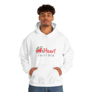 A man wearing a white iHeartFruitBox Unisex Heavy Blend™ Hoodie by Printify with the iHeartFruitBox logo.
