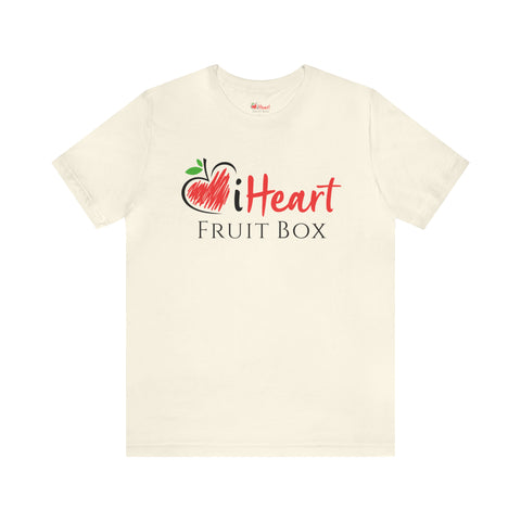 A white Printify iHeartFruitBox Fitted Unisex T-Shirt with the words iHeartFruitBox on it.