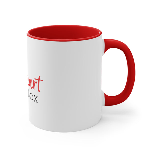 A red and white iHeartFruitBox Coffee Mug, 11oz with the words Printify on it.