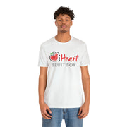 A man wearing a white iHeartFruitBox Fitted Unisex T-Shirt from Printify.