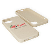 A beige iHeartFruitBox Biodegradable Phone Case with a heart on it that showcases the Printify logo.