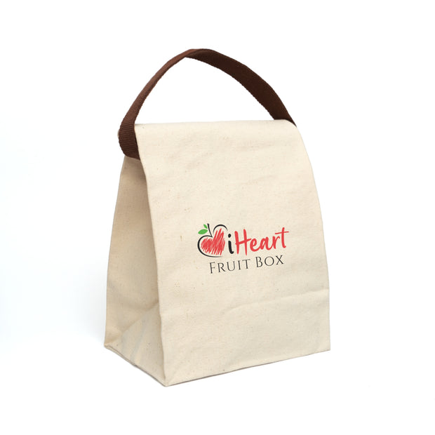 An organically grown iHeartFruitBox Branded Canvas Lunch Bag With Strap with brown handles.