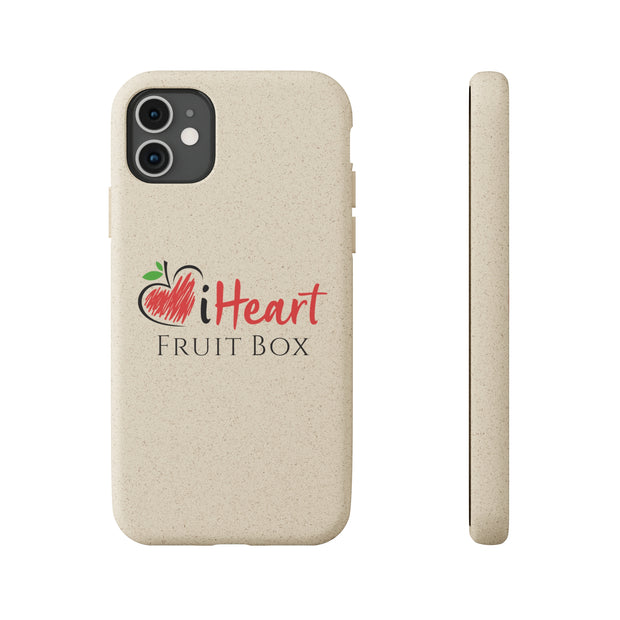 A beige iHeartFruitBox Biodegradable Phone Case with the Printify logo featuring tropical fruit on it.
