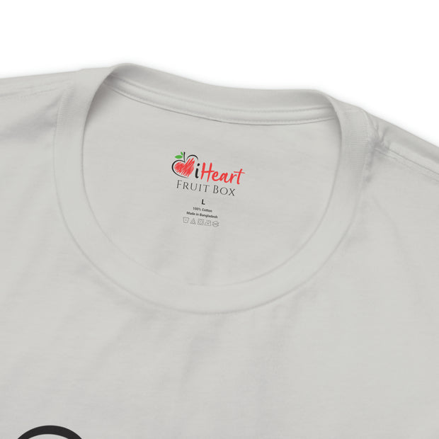 A white iHeartFruitBox Fitted Unisex T-Shirt with a Tropical Fruit logo on it, produced by Printify.