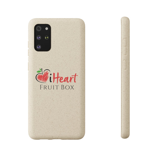A white iHeartFruitBox Biodegradable Phone Case with a rectangular back and side, perfect for the Printify enthusiasts.