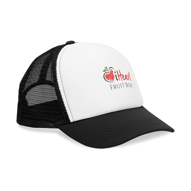 A white and black iHeartFruitBox Branded Mesh Cap with the word fruity on it, perfect for fans of tropical fruit.