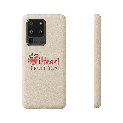 A beige Printify Samsung S20 case with the word iHeartFruitBox Biodegradable Phone Cases on it.