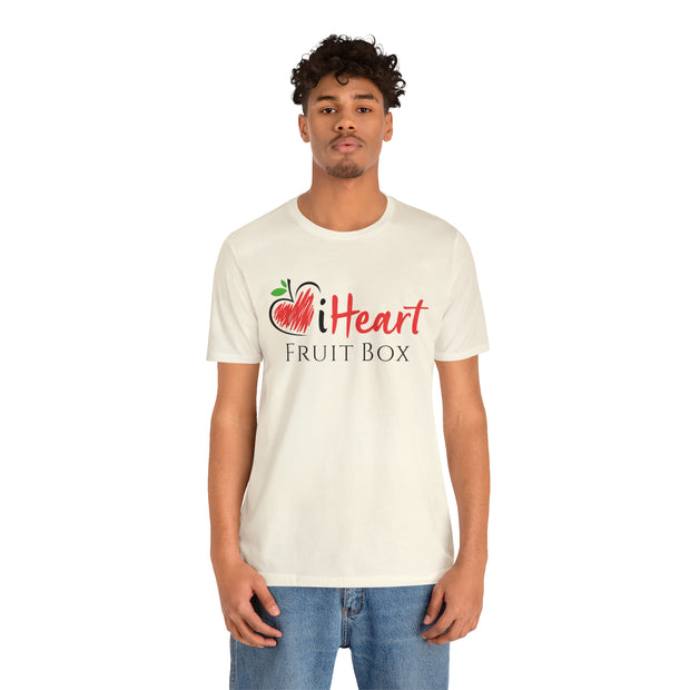 A man wearing a white t-shirt with the word fruitbox on it, showcasing his love for iHeartFruitBox Fitted Unisex T-Shirts by Printify.