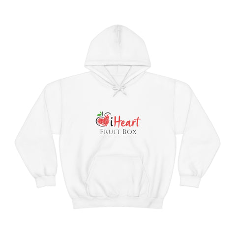 A white iHeartFruitBox Unisex Heavy Blend™ Hoodie with the Printify logo on it.