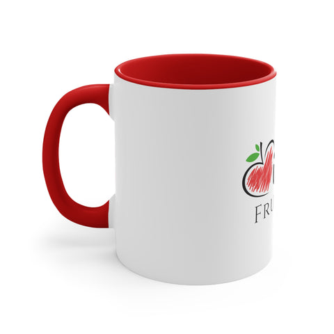 A red and white iHeartFruitBox Coffee Mug, 11oz with an apple, a tropical fruit on it from Printify.