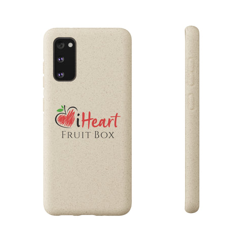 A white iHeartFruitBox Biodegradable Phone Case with a rectangular back made by Printify.