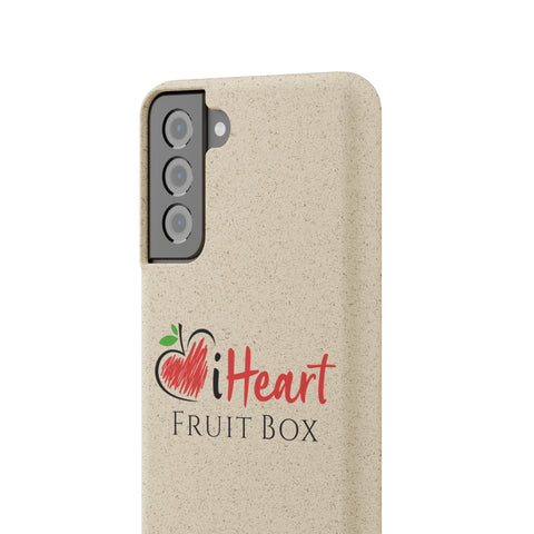 A white iHeartFruitBox Biodegradable Phone Case with three cameras featuring tropical fruit by Printify.