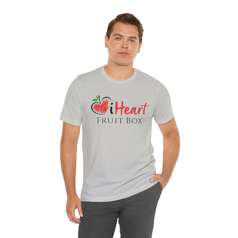 A man wearing a grey iHeartFruitBox Fitted Unisex T-Shirt by Printify.