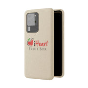 A beige Printify iHeartFruitBox Biodegradable Phone Case with the word iHeartFruitBox on it.