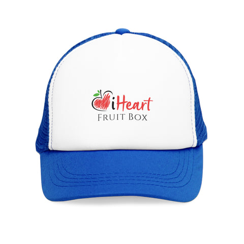 An iHeartFruitBox branded blue and white tropical fruit hat by Printify.