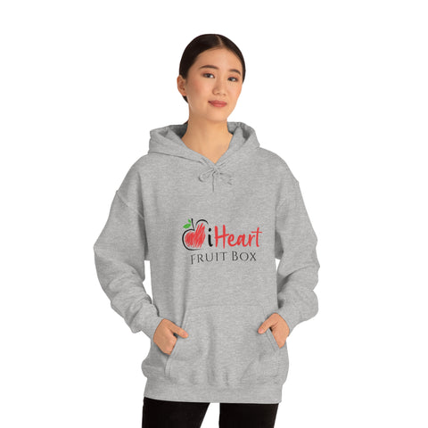 A woman wearing a grey hoodie with the word Printify on it.