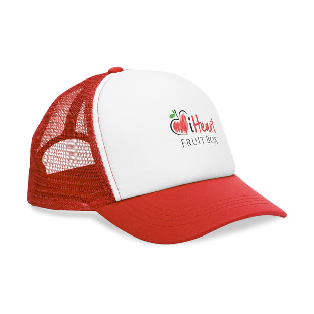 An iHeartFruitBox branded mesh cap with the word fruity on it, perfect for fans of tropical fruit.