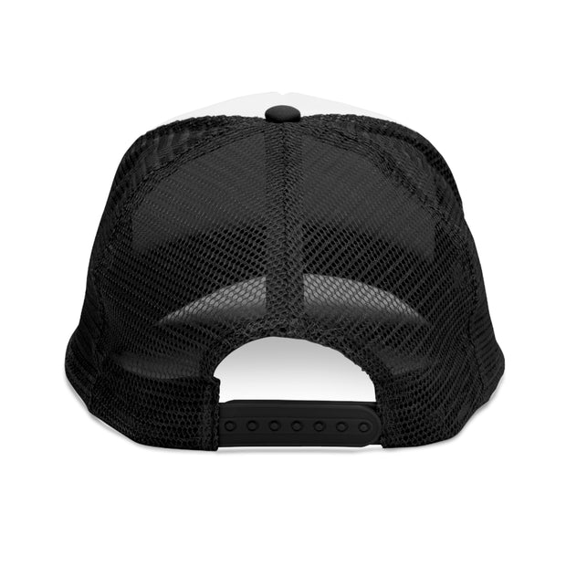 The back view of a iHeartFruitBox Branded Mesh Cap featuring the tropical fruit logo of Printify.