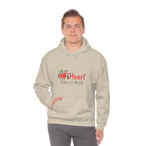 A man wearing a iHeartFruitBox Unisex Heavy Blend™ Hoodie, representing Printify's commitment to Organically Grown Tropical Fruit.