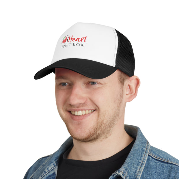 A man wearing an iHeartFruitBox branded mesh cap trucker hat by Printify.