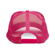The back view of a pink iHeartFruitBox Branded Mesh Cap featuring the Printify logo.