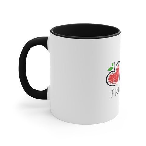 An iHeartFruitBox Coffee Mug, 11oz by Printify with a red apple, organically grown, on it.