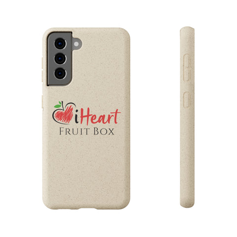 An iHeartFruitBox Biodegradable Phone Case with a tropical fruit design by Printify.
