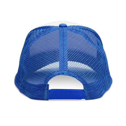 The back view of a blue Printify mesh trucker hat adorned with a subtle iHeartFruitBox embroidery.