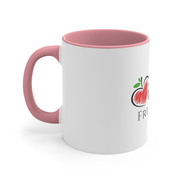 A white iHeartFruitBox Coffee Mug, 11oz with a pink handle and a fruity apple on it. (Brand Name: Printify)