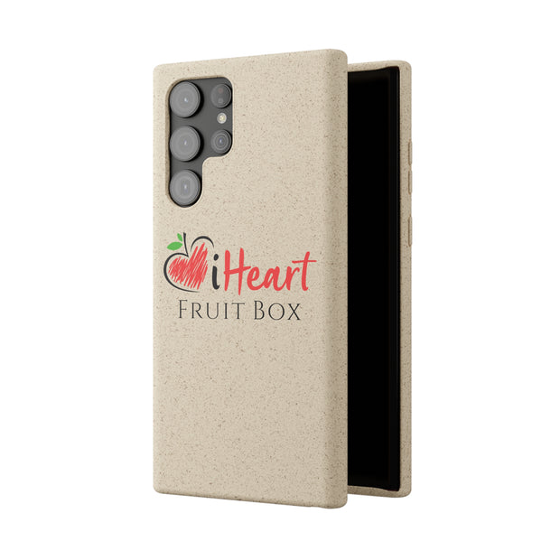 A beige phone case with the word iHeartFruitBox Biodegradable Phone Cases by Printify on it.