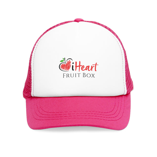 A pink and white iHeartFruitBox Branded Mesh Cap made with Organically Grown fabric by Printify.