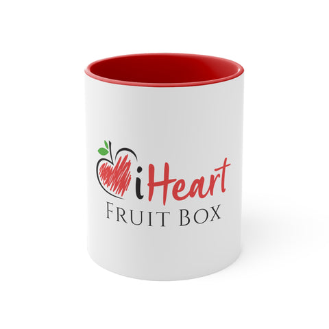 A white iHeartFruitBox Coffee Mug, 11oz with a red rim perfect for sipping your favorite iHeartFruitBox or enjoying a refreshing Tropical Fruit beverage. (Brand Name: Printify)
