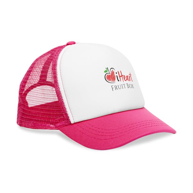 A Printify iHeartFruitBox Branded Mesh Cap in pink and white.