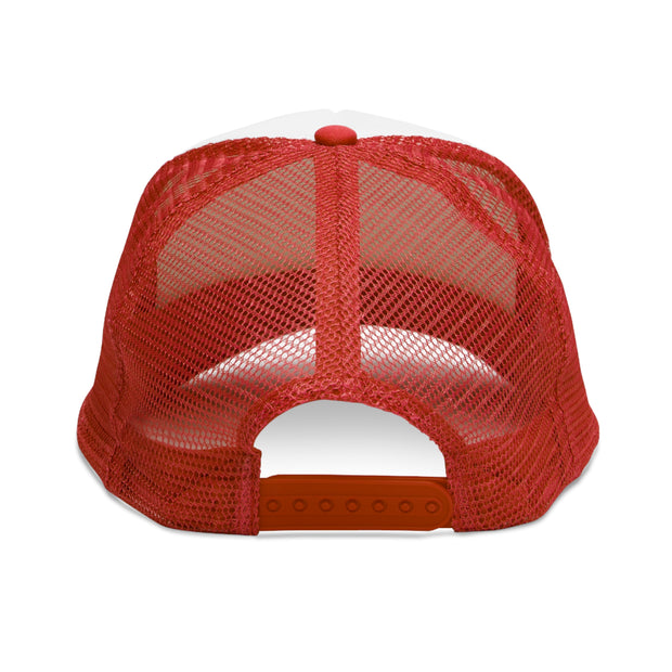 The back view of a red iHeartFruitBox Branded Mesh Cap featuring the Printify logo.