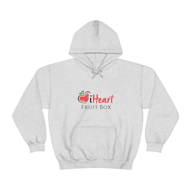 A white iHeartFruitBox Unisex Heavy Blend™ Hoodie with red text featuring the Printify logo.