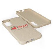 A iHeartFruitBox Biodegradable Phone Case with the words i heart Tropical Fruit on it. (Printify)