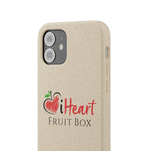 A iHeartFruitBox Biodegradable Phone Case from Printify with two cameras that captures vibrant and tropical fruit moments.