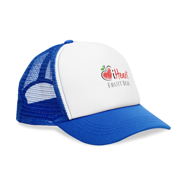 An iHeartFruitBox Branded Mesh Cap by Printify featuring a vibrant blue and white design.