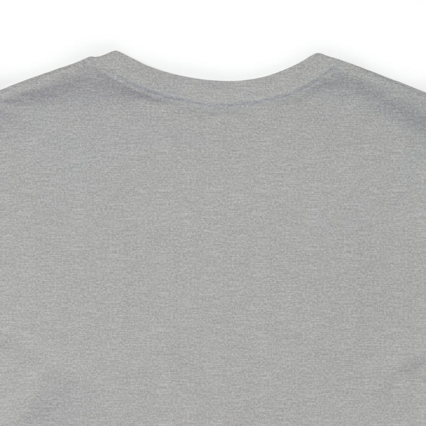 The back view of a grey iHeartFruitBox Fitted Unisex T-Shirt featuring the Printify logo prominently displayed.