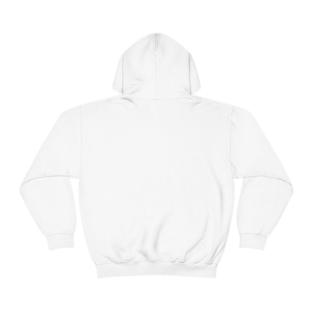The back view of a white iHeartFruitBox Unisex Heavy Blend™ Hoodie featuring the Printify logo.