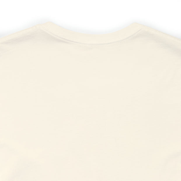 The back of a white iHeartFruitBox Fitted Unisex T-Shirt showcasing Printify, a tropical fruit subscription service.